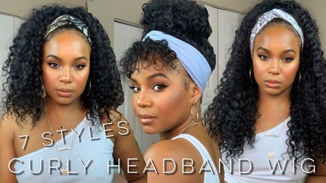 Styles For Headband Wigs, Headband Wig Updo, Styling Curly Headband Wig, Style Headband Wig, How To Style A Headband Wig, Head Band Wig Styles, Styling Headband Wig, How To Style A Curly Wig, How To Style Curly Wig