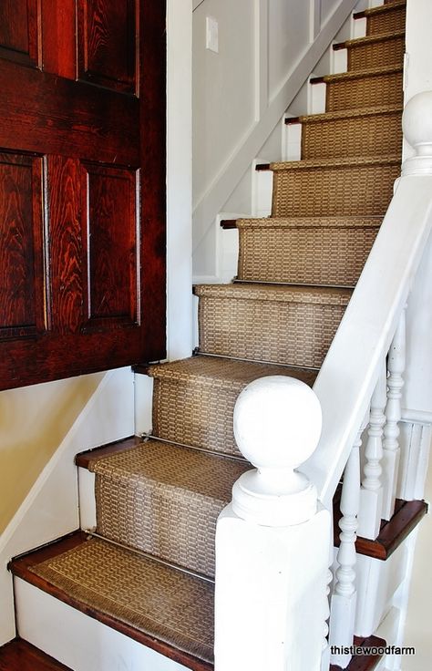 Looking for an inexpensive option for a stair runner?  Here's an easy idea....an indoor/outdoor  runner!  thistlewoodfarms.com Well Ideas, Staircase Runner, Indoor Outdoor Carpet, Outdoor Stairs, Diy Stairs, Wood Stairs, House Stairs, Stair Runner, Clipboard