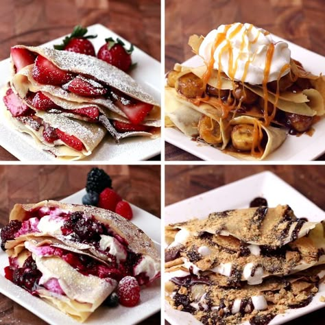 Crepes Four Ways Recipes Crepes, Fruit And Whipped Cream, Reban Ayam, Tasty Videos, Crepe Recipes, Food Truck, Whipped Cream, Fudge, Breakfast Brunch