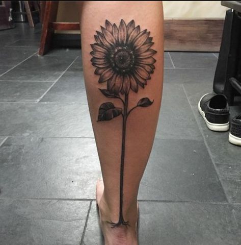 Sunflower calf tattoo 🌻 Sunflower Tattoo On Calf, Sunflower Pheonix Tattoo, Sunflower Calf Tattoos For Women, Sunflower Leg Tattoo Calf, Sunflower Tattoo Calf, Sunflower Tattoo On Leg, Sunflower Tattoo Leg, Sunflower Leg Tattoo, Side Of Calf Tattoo