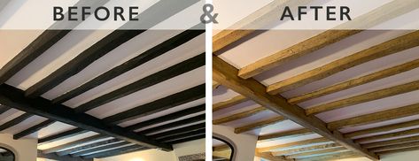 Beam Renovation Specialists - Bespoke Beams How To Lighten Dark Wood Beams, Black Beams Ceiling, Black Beams Living Room, Dark Wood Beams, Wooden Ceiling Beams, Black Beams, Ceiling Beams Living Room, Stained Beam, Painted Beams