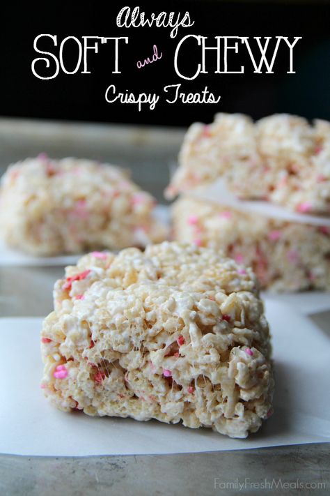 Always Soft and Chewy Rice Crispy Treats Valentine's Desserts, Rice Crispie, Krispie Treats Recipe, Fresh Meals, Krispy Treats, Family Fresh Meals, Cereal Treats, Rice Krispy, Rice Crispy Treats