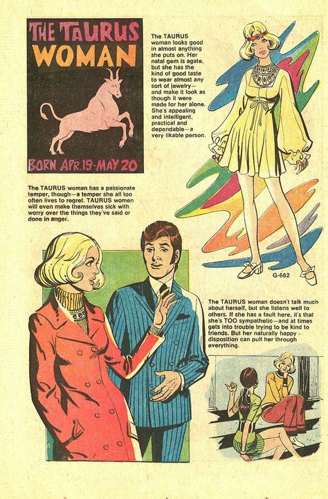 The Taurus Woman ~ Vintage Zodiac Comic Book Fashion Taurus Art, Taurus Traits, Taurus Zodiac Facts, Taurus Quotes, Astrology Taurus, Taurus Women, Taurus Love, Taurus Woman, Zodiac Signs Taurus