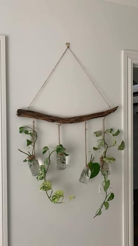 Dorm Diy Decor, Hanging Plant Design, Branch Crafts, Hanging Propagation, Neutral Fall Decor Ideas, Design Pot, Plants Stand, Wall Hanging Decorations, Forest Room