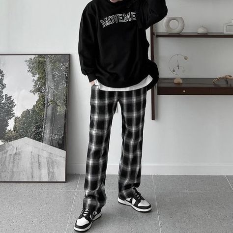 Check Trousers Men Outfit, Plaid Pants Men Outfit Street Styles, Checkered Pants Outfit Men, Black And White Checkered Pants Outfit, Plaid Pants Men Outfit, Plaid Trousers Outfit, Pajama Fits, Dunk Fits, Pjo Outfits