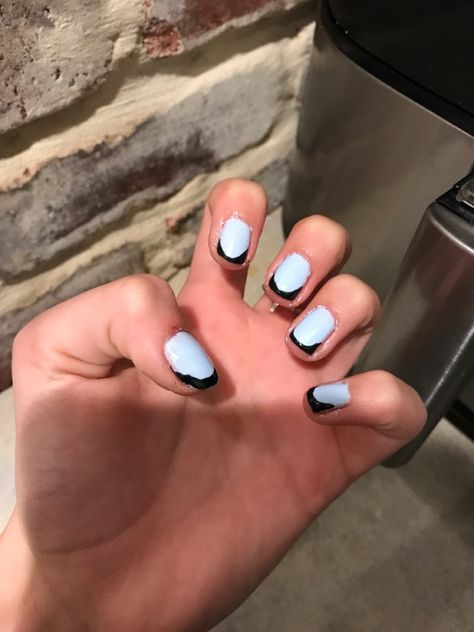 Black Nails With Blue French Tip, Light And Dark Blue French Tip Nails, Black And Blue French Tip Nails, Light Blue Nails With Black Design, Light Blue And Black Nails, French Tip With Blue Accent Nail, Light Blue And Dark Blue French Tips, Blue French Tips, Black French Tips