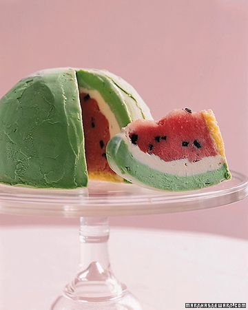 Watermelon Bombe Recipe. Tip: For the mold, choose a deep metal mixing bowl with a nice rounded dome shape. Tropisk Fest, Birthday Cake Alternatives, Rodjendanske Torte, Watermelon Sorbet, Watermelon Ice Cream, Fruits Decoration, Martha Stewart Recipes, Ice Cream Cake Recipe, Watermelon Cake