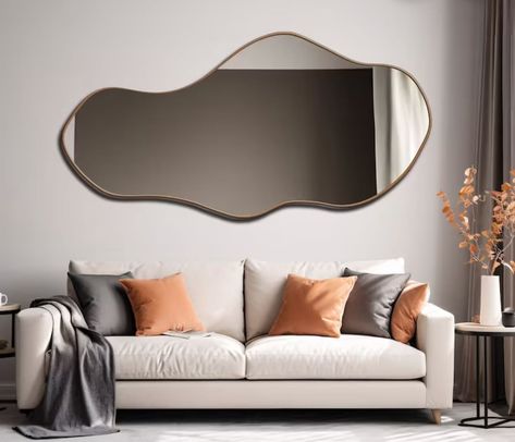 Asymmetric mirror @etsy Modern Mirror Wall Decor, Asymmetric Mirror, Ladies Bathroom, Mirror Entryway, Home Mirror, Wood Frame Mirror, Mirror Living Room, Wall Decor Mirror, Living Room Mirror