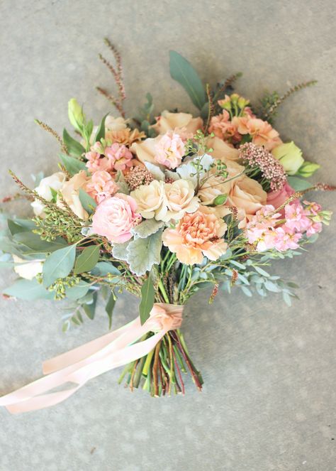 Bridal Bouquet: Peach carnations, quicksand roses, white majolica spray roses, lisianthus, peach stock, calcynia, gunni eucalyptus, seeded eucalyptus //Celebration Flair Peach Carnations, Wedding Flower Arrangements Fall, Quicksand Rose, Carnation Wedding, Wedding Flowers Purple, Bridal Bouquet Peach, Peach Bouquet, Lavender Wedding Flowers, Peach Wedding Flowers