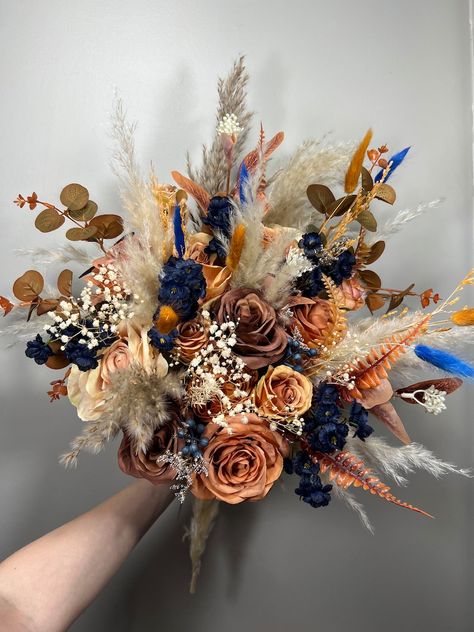 Navy Blue Wedding Bouquets, Teal Bouquet, Wildflower Bridal Bouquets, Rusting Wedding, Orange Bouquets, Burnt Orange Weddings, Bridesmaids Bouquet, Blue Wedding Bouquet, Bridal Bouquet Fall