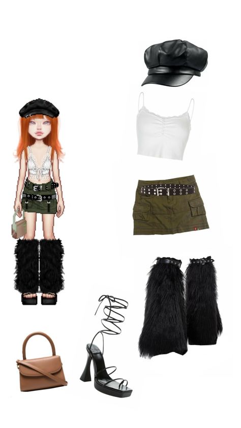 Green Mini Skirts, Y2k Beret Outfit, Outfits With Green Cargo Skirt, Green Cargo Skirt Outfits Y2k, Y2k Cargo Skirt, Brown Leg Warmers Outfit, Green Cargo Mini Skirt Outfit, Brown Cargo Skirt Outfit, Grommet Belt Outfit