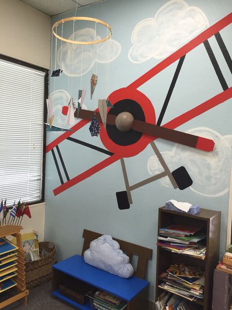 Flight Classroom Theme, 3d Airplane Craft, Airplane Decorations For Classroom, Airplane Vbs Decorations, Soaring To New Heights Theme, Airplane Bulletin Board, Travel Classroom Decor, Airplane Classroom, Travel Classroom