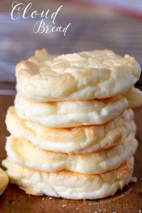 Cloud Bread is an easy to make, light and fluffy bread substitute. These are low carb, under 40 calories each and the perfect way to lighten up a sandwich! Perfect for Weight Watchers and 21 Day Fix approved! Cloud Bread Recipe, Banana Breakfast Cookie, Bread Substitute, Spend With Pennies, Banana Breakfast, Cloud Bread, Keto Foods, Low Carb Bread, Keto Bread