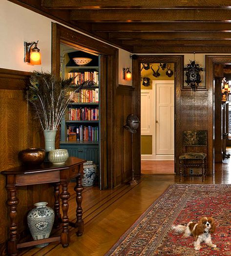 I love the wood panelling and the knights helmet in the hall way.  I really like this old english medieval home decor.  Its very warm and romantic Old English Decor, Medieval Home Decor, Craftsman Interiors, Arts And Crafts Interior Design, Arts And Crafts Interiors, Craftsman Interior, English Country Decor, Tudor Style Homes, English Decor