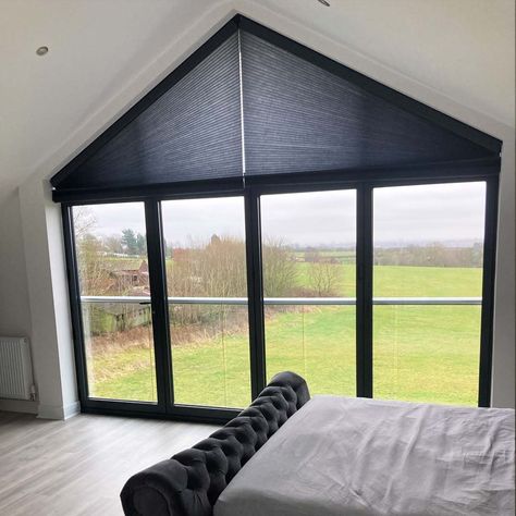 Apex Window Blinds 🖤 This architectural choice of dual gable windows with doors below lets in a lot of gorgeous sunlight and can completely open your living room up to the outdoors. So, don’t fuss around with stringy blinds and suffer from glare. Install insulating blinds on your floor-to-ceiling windows for maximum coverage with just two blinds. #floortoceilingwindows #apexblinds #largewindow #apexwindow #trianglewindow Gable Window Curtains, Apex Window Dressing, Insulated Blinds, Apex Window, Triangle Window, Gable Window, Window Treatments Bedroom, Thermal Blinds, Cherry Trees