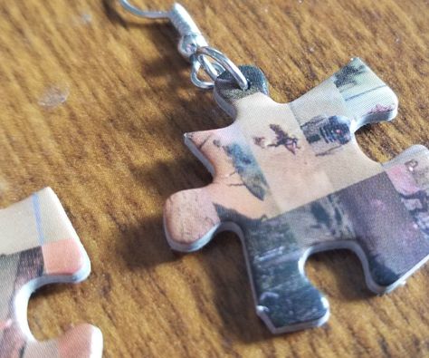 Upcycled Puzzle Piece Earrings Puzzle Piece Jewelry Diy, Jigsaw Puzzle Jewelry, Puzzle Piece Earrings, Puzzle Piece Jewelry, Diy Halloween Jewelry, Etching Jewelry, Puzzle Earrings, Halloween Jewelry Diy, Puzzle Piece Crafts