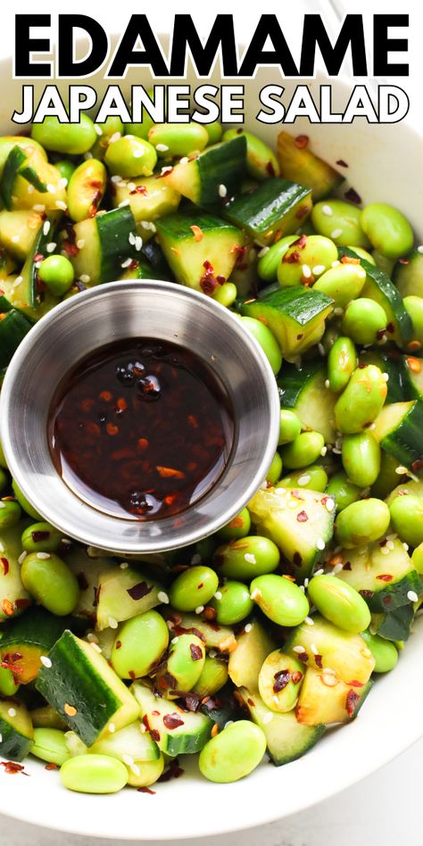 This flavorful Edamame Japanese Salad is made with a delightful combination of edamame, crisp cucumbers, and aromatic Asian seasonings. It makes a fantastic side dish! Asian Salad Vegan, Pasta With Edamame, Cucumber And Edamame Salad, Edamame And Cucumber Salad, Edamame Pasta Salad, Pasta Salad With Edamame, Meals With Edamame, Edamame Bowl Recipe, Edamame Beans Recipes