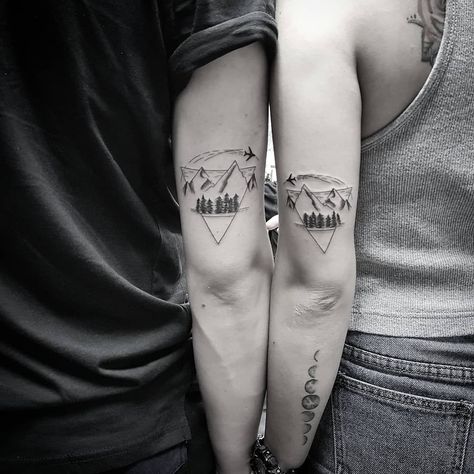 Family Tattoos For Couples, Beach And Mountain Couple Tattoo, Couples Tattoos Back Of Arm, Couples Tattoos Big, Matching Landscape Tattoo, Travel Couple Tattoo Ideas, Couple Outdoor Tattoos, Camping Couple Tattoos, Couple Tattoos Triangle