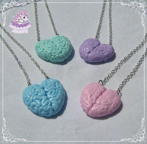 Creepy Cute Outfits, Brain Necklace, Polymer Clay Hearts, Zombie Unicorn, Clay Hearts, Unicorn Jewelry, Brain Tissue, Pastel Goth Fashion, Yami Kawaii