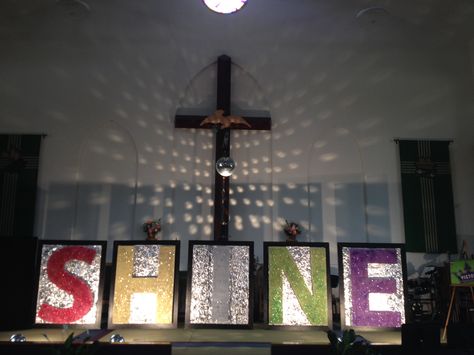 Altar transformation-4 1/2 foot letters with lots of glitter! Let’s Start The Party Vbs, Shine Vbs 2024, Shine Vbs 2024 Decorations, Shine Vbs Decorations, Christmas Vbs, Vbs Diy, Space Vbs, Vbs 2023, Vbs Themes