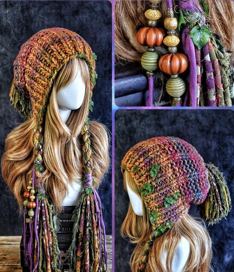 Crochet Long Hat, Boho Crochet Hat, Crochet Brimmed Hat, Rave Crochet, Balaclava Knitting Pattern, Crochet Viking, Crochet Hat Ideas, Crochet Slouchy Beanie, Crochet Hood