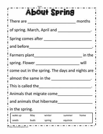 Fill in the Blanks About Spring Spring Worksheets 3rd Grade, Biography Book Report Template, Biography Book Report, Middle School Grammar Worksheets, Elementary School Activities, Cloze Activity, Spring Worksheet, Holiday Worksheets, Time Worksheets