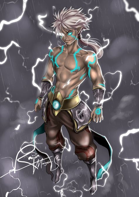 ArtStation - Raijin - Thunder God, Raijin Art God Of Sky Fantasy Art, Thunder God Art, Raijin God Of Thunder, Gamers Quote, Cultivation Art, Raijin God, God Character Design, Lightning Character, Lightning God