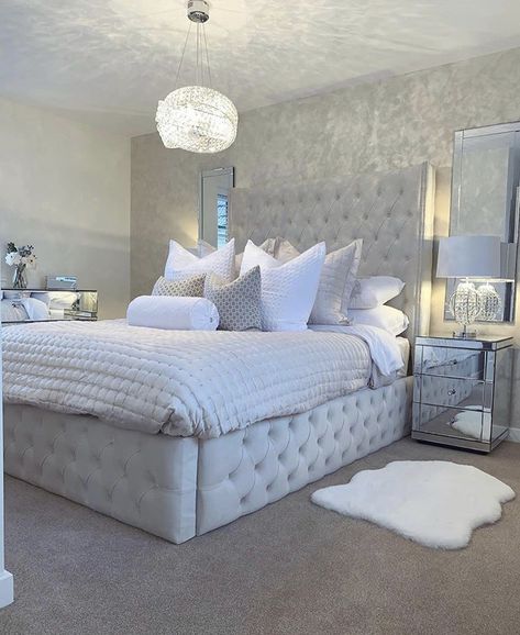 Grey Bedroom Decor, White Room Decor, Luxury Room Bedroom, Classy Bedroom, Wingback Bed, White Bed, Cozy Room Decor, Luxury Rooms, Girl Bedroom Decor