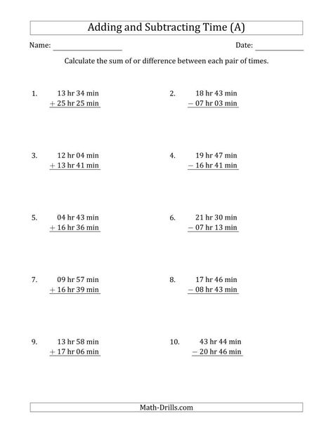 The Adding and Subtracting Hours and Minutes (Long Format) (A) Math Worksheet from the Time Worksheets Page at Math-Drills.com. Math Worksheets Grade 3, Math Minutes, Math Subtraction Worksheets, Integers Worksheet, Math Drills, Math Subtraction, Math Charts, Addition And Subtraction Worksheets, Math Workbook