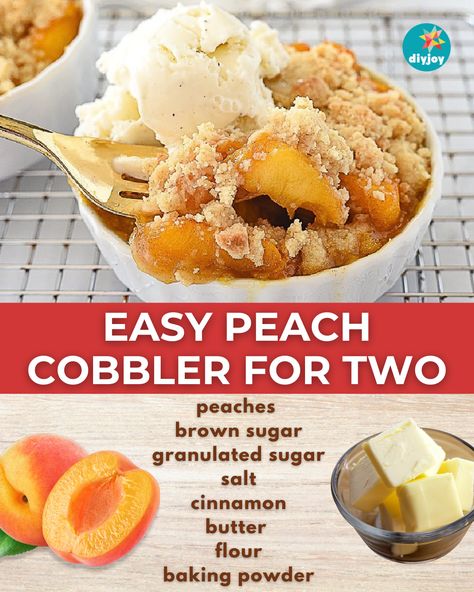 Looking for a peach cobbler recipe for only two people? This recipe is for you! Find the ingredients and instructions here. Peach Cobbler For Two, Peach Cobbler In A Mug, Easy Peach Cobbler With Canned Peaches And Pie Crust, Peach Cobbler With Crust On Bottom And Top, Peach Cobbler Single Serving, Peach Cobbler Ingredients, Peach Butter, Cobbler Topping, Slushie Recipe