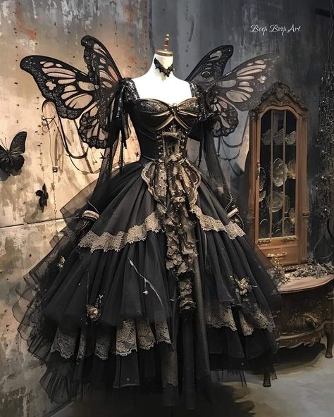 Gothic Fairy Aesthetic, Angel Outfit Aesthetic, Dark Fae Costume, Dark Fairy Outfit, Fae Ball, Faybelle Thorn, Goth Gown, Butterfly Dresses, Goth Wedding Dresses