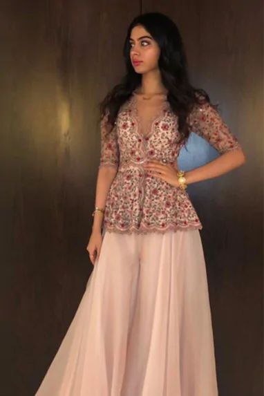 Embroidered Top & Gharara Set Peplum Top Lehenga, Organza Sharara, Indowestern Dresses, Gharara Designs, Kurti Pattern, Pink Peplum Top, Ridhi Mehra, Saree Wearing Styles, Indian Fashion Trends