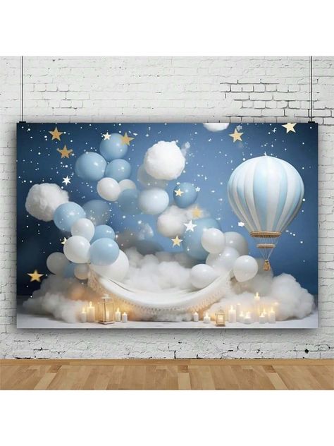 1pc Cloud And Hot Air Balloon Background Banner (210*150/150*100/100*75cm) With Stars And Blue Clouds Design For Party Decoration And Scene Setup In Bedroom, Living Room, Bathroom Multicolor    Polyester     Event & Party Supplies, size features are:Bust: ,Length: ,Sleeve Length: Hot Air Balloon Background, Hot Air Balloon Party Decorations, Whimsical Baby Shower, Hot Air Balloon Party, Cloth Banners, Baby Bug, Balloon Background, Boy Baby Shower Themes