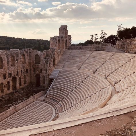 Placed adjacent to temples of nature and of the fertility god Dionysus, the orchestra was used for dramatic performances, which, together with a procession and sacrifice, composed the annual spring festival of the god. The theatre was first built in the 6th century BCE. Modified and expanded over the centuries, it is the oldest Greek theatre and is the site where some of the most famous Greek plays from antiquity were first performed. Theatre of Dionysus Photographer: Derrick Sugden #Ur Temple Of Dionysus, Roman Theatre Architecture, Ancient Theatre Aesthetic, Greek Antique Furniture, Ancient Greece Theatre, Theatre Of Dionysus, Ancient Greek Plays, Ampitheater Greek, Old Greek Architecture