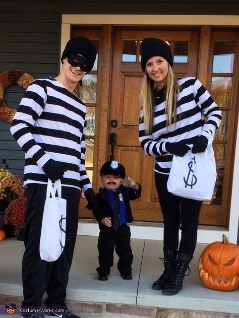 Rachel: This is one-year-old Layker as the cop and mom (me) and dad as the robbers! We found this costume very unique. For the cop costume, we only purchased the hat,... Robber Halloween Costume, Family Themed Halloween Costumes, Police Birthday, Themed Halloween Costumes, Halloween Dance, Holloween Costume, Hallowen Costume, Halloween Costume Contest, Boy Halloween Costumes