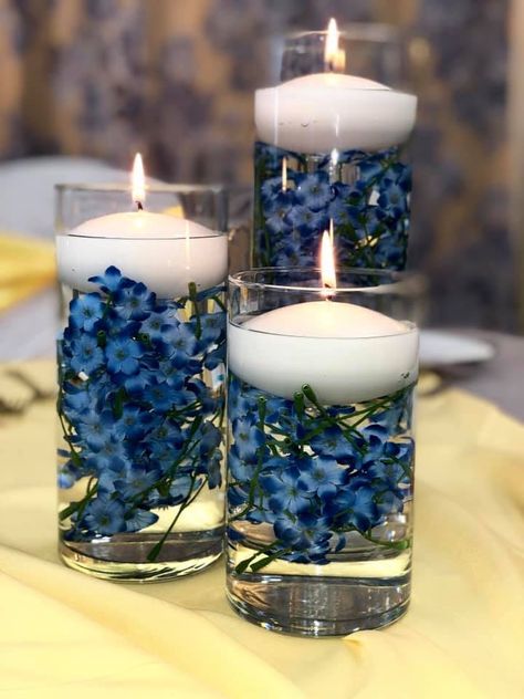 Centerpiece Ideas For Sweet 16, Black Blue Party Decorations, Blue Wedding Centerpieces Diy, Floating Candle Centerpieces Blue, Blue Centerpieces Wedding, Blue And White Centerpieces, Blue And Black Wedding, Wedding Table Decorations Blue, Wedding Royal Blue