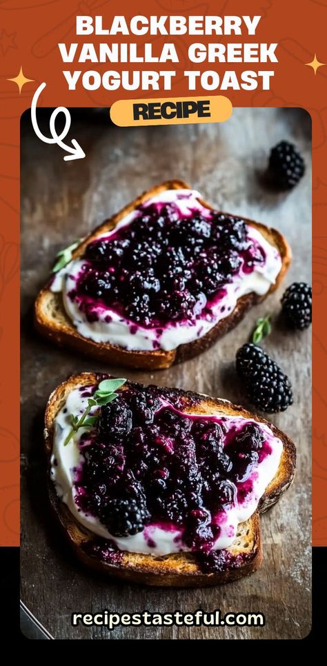 This Blackberry Vanilla Greek Yogurt Toast is a simple, quick, and healthy breakfast or snack that combines creamy vanilla Greek yogurt with fresh blackberries for a light and delicious treat. The combination of crunchy toast and tangy yogurt, topped with sweet blackberries, is perfect for a nutritious start to your day or a mid-afternoon pick-me-up. Add a drizzle of honey or a sprinkle of granola for extra flavor and crunch! #HealthyToast #GreekYogurtToast #BlackberryToast Greek Yogurt Toast, Yogurt Toast, Berry Toast, Ray Peat, Quick And Healthy Breakfast, Healthy Toast, Blackberry Recipes, Vanilla Greek Yogurt, Toast Recipes