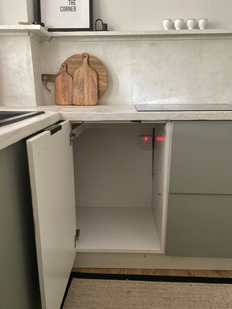 How to install a pull-out bin in a kitchen cupboard Bin In Cupboard, Diy Fridge Surround, Bin Cupboard, Budget Bedroom Makeover, Pull Out Bin, I Am Home, Kitchen Drawing, Cupboard Shelves, Corner Cupboard