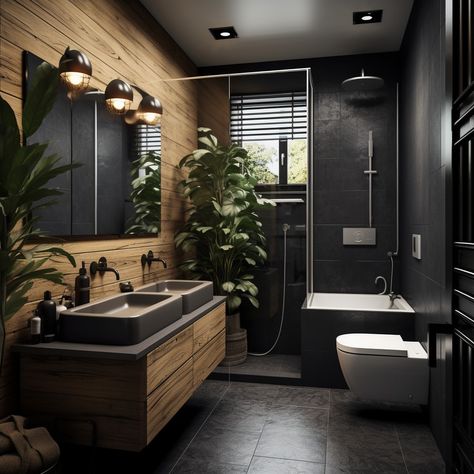 This bathroom is the perfect blend of modern simplicity and natural warmth. The sleek black fixtures, wooden textures, and lush plants create a serene space that feels both contemporary and cozy. 🌿🖤 Would this design inspire your next bathroom makeover? Let me know in the comments! #BathroomInspo #ModernBathroom #BlackAndWood #InteriorDesignGoals #MinimalistBathroom #NaturalElements #HomeDecorInspo #BathroomDesign #CozyVibes #GreeneryInBathrooms #ElegantSpaces #DesignInspiration #LuxuryLivin... Wooden Modern Bathroom, Black Bathroom With Greenery, Moody Masculine Bathroom, Black And Bamboo Bathroom, Black And Brown Bathroom, Dark Small Bathroom Ideas, Modern Bathroom Dark, Mens Bathroom Ideas, Bathroom Moody