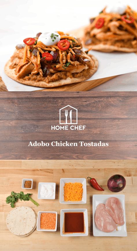 Adobe chicken tostada Home Chef Recipes, Homechef Recipes, Huli Huli Chicken, Chicken Tostadas, Chicken Flatbread, Hello Fresh Recipes, Adobo Chicken, Cajun Chicken, Chicken Pizza