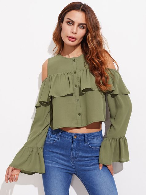 Shop Open Shoulder Flute Sleeve Flounce Blouse online. SheIn offers Open Shoulder Flute Sleeve Flounce Blouse & more to fit your fashionable needs. Womens Camo Fashion, Blouse Outfit Work, Summer Blouse Outfit, Blouse Outfit Casual, Women Work Blouse, Flute Sleeve, Chiffon Shirt Blouse, Camo Fashion, Flared Sleeves Top