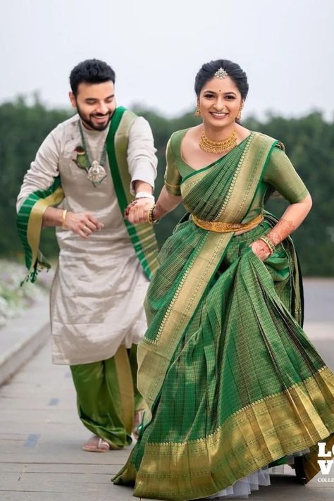 Presenting you latest wedding outfit inspiration for south indian couple. Check out the latest south indian wedding ideas at weddingbazaar.com #weddingbazaar#indianwedding #southindianbrides #silksarees #kanjeevaramsaree #southindiansareelook #southindiansareeblousedesign #southindiansareewhite #southindianweddingoutfitsisters #southindianweddingoutfitgroom #southindianweddingoutfitbridegroom #southindianweddingoutfitformen #southindianweddingoutfitguest #southindianweddingoutfitsaree Lehenga Couple Poses, Indian Engagement Outfit Couple, Couple Twinning Outfits Indian, Panchalu Function, Kanchi Lehenga, South Indian Engagement Outfit, Marathi Groom, Engagement Outfits Indian Couple, Engagement Outfits Indian