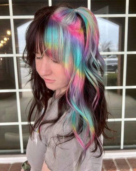 Split Rainbow Hair, Rainbow Hair Streaks, Rainbow Roots Hair, Rainbow Money Piece Hair, Rainbow Split Dye, Blonde And Rainbow Hair, Alt Hair Ideas, Purple And Red Hair, Prism Hair