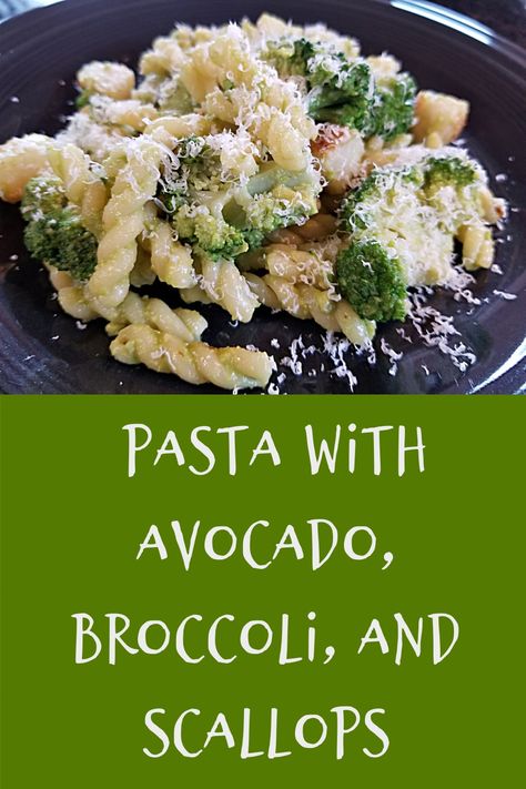 Avocado Recipe: Pasta with Avocado, Broccoli and Scallops Pasta With Scallops, Scallops Pasta, Pasta With Avocado, Avocado Recipes Pasta, Seafood Recipes For Dinner, Vegan Vegetable Recipes, Scallop Pasta, Sheet Pan Meals Chicken, Calamari Recipes