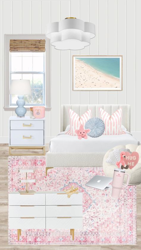 Pastel Coastal Bedroom, Room Ideas Preppy Beach, Pink And Blue Room Ideas Girly, Preppy Pink Room Ideas, Preppy Coastal Decor, Girly Beach Bedroom, Pink Beach Theme Bedroom, Dream Bedrooms For Teens, Pink Costal Bedroom Ideas