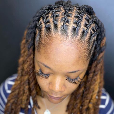 Flat Twist Dreads Loc Hairstyles, Half Flat Twist Half Twist, Locs Flat Twist Style, Flat Twist With Locs, Three Barrel Twist Locs, Flat Barrel Twist Locs, Cornrow Dreads Hairstyles, Twist Locks Hairstyles Women, Flat Loc Styles