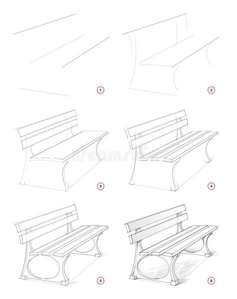 How to draw step by step sketch of imaginary bench in the park. Creation pencil drawing. Educational page for artists. Textbook for developing artistic skills stock illustration Bench Drawing Simple, Simple Architecture Drawing, Step By Step Sketches, Basic Sketching, Drawing Furniture, Draw Step By Step, Graphic Tablet, Architecture Drawing Sketchbooks, Pencil Drawings For Beginners