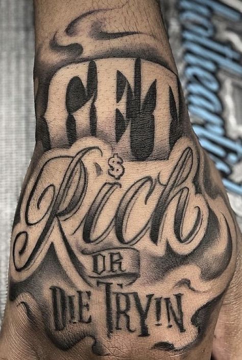 Forearm Sleeve Tattoos Sketches, Ambition Hand Tattoo, Hustle Hand Tattoo, Graffiti Letter Tattoo, Graffiti Tattoos For Men, Negative Lettering Tattoo, Get Rich Or Die Trying Tattoo Design, Loyalty Tattoo For Men, Money Hand Tattoo