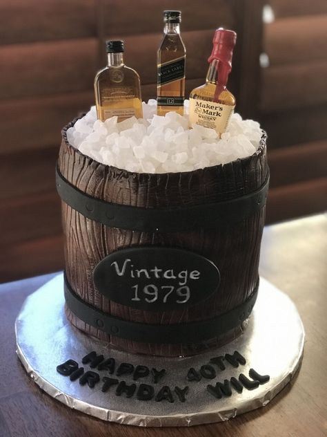 46 Birthday Cake Ideas For Men, Bourbon Cake Ideas, Bourbon Birthday Cake Design, Bourbon Bottle Cake, Bourbon Barrel Cake, 65th Birthday Cakes, Bourbon Cake Design, Bourbon Themed Cake, Barrel Wedding Cake Table