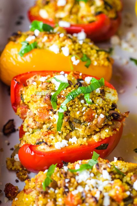 Vegetarian Mediterranean stuffed peppers with couscous are easy to make, healthy, and packed with fresh Greek flavors. Perfect as a main or side, they are as nutritious as they are delicious. Cous Cous Recipes Mediterranean, Winter Mediterranean Recipes, Couscous Dinner Recipes, Vegetarian Entrees Main Dishes, Stuffed Peppers With Couscous, Stuffed Paprika, Vegan Mediterranean Recipes, Mediterranean Stuffed Peppers, Couscous Stuffed Peppers